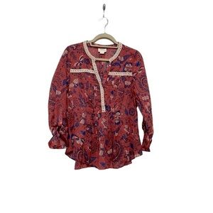 Anthropologie Maeve Rose Pink & Blue Floral Long Sleeve Crocheted Trim Top